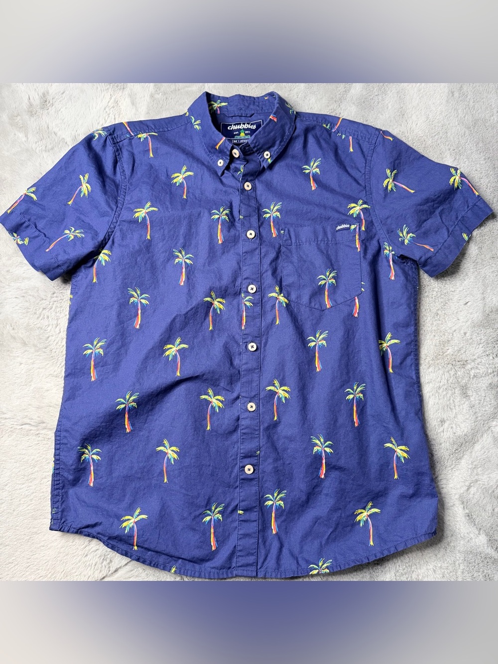 Chubbies The Palms Navy Palm Tree Short Sleeve Stretch Friday Shirt Size M